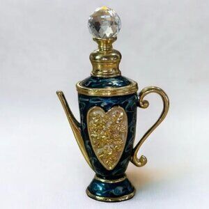 Vintage Perfume Bottle with Teal Enamel and Crystal Topper